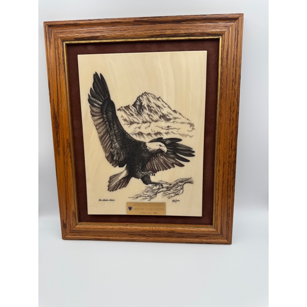 Vintage Bill Devine‎ Alaska Mint Kiana Bald Eagle Scrimshaw Etching Framed 1981